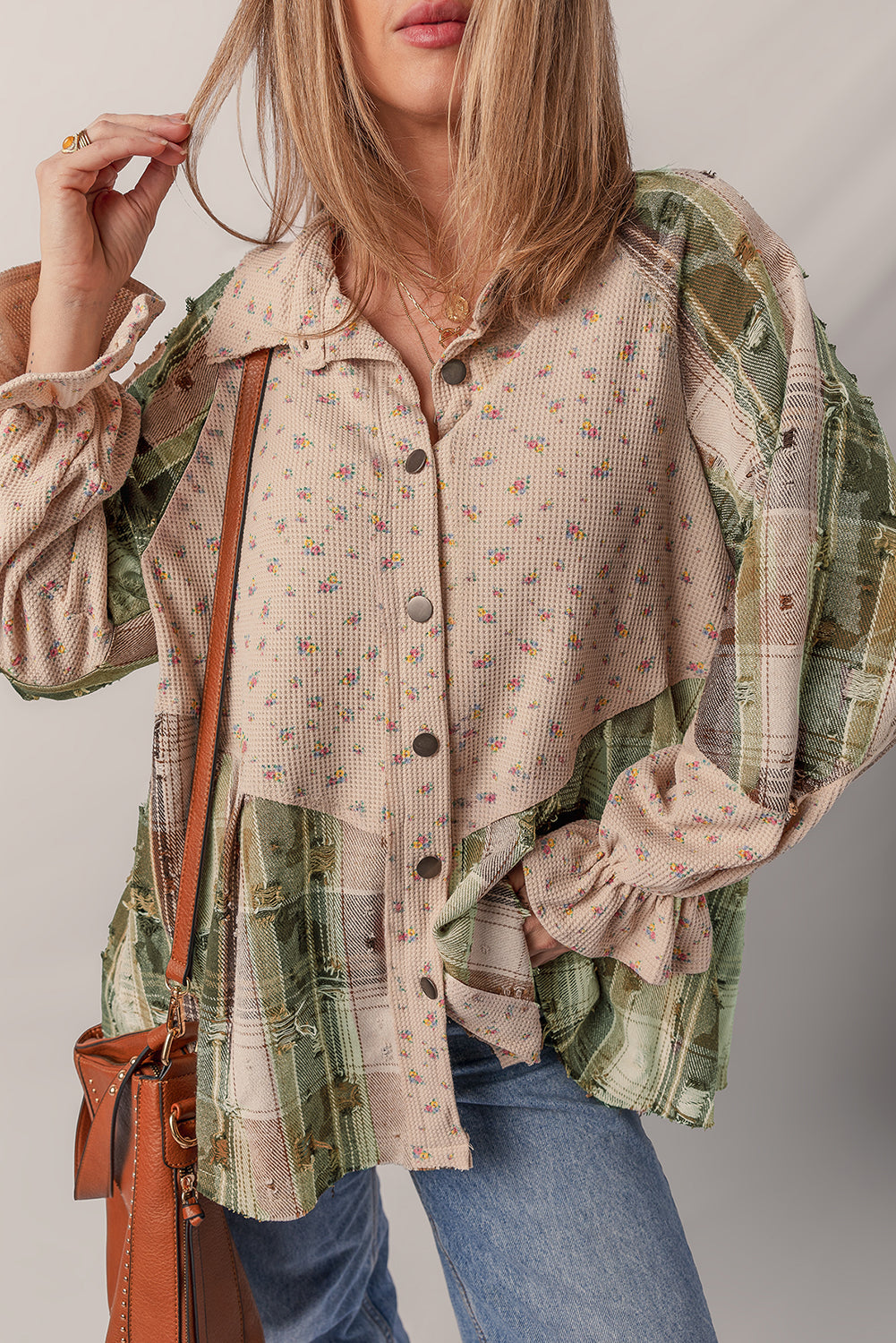 Mist Green Boho Floral Plaid Patchwork Distressed Detail Ruffled Sleeve Waffle Knit Shacket Dear-Lover Dropshipping